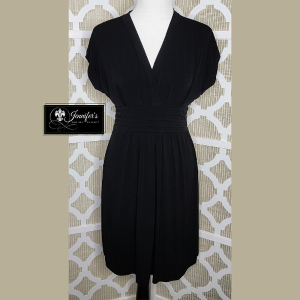attention Black Deep V-Neck Pleated Waist Short Sleeve Dress Size M